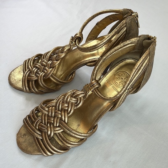 Tory Burch Constance gold braided T-strap high heels - Picture 3 of 15